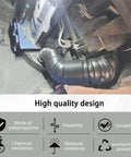 2-1/2 Inch Flexible Dust Collection Hose for table saws and drill presses installed showing polypropylene material and flexibility icons