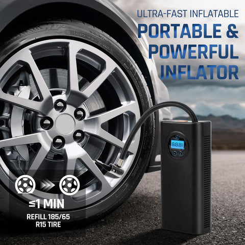 Cordless Tire Inflator Air Compressor For Cars Bikes Motorcycles And Balls Portable Rechargeable Mini Pump next to car tire