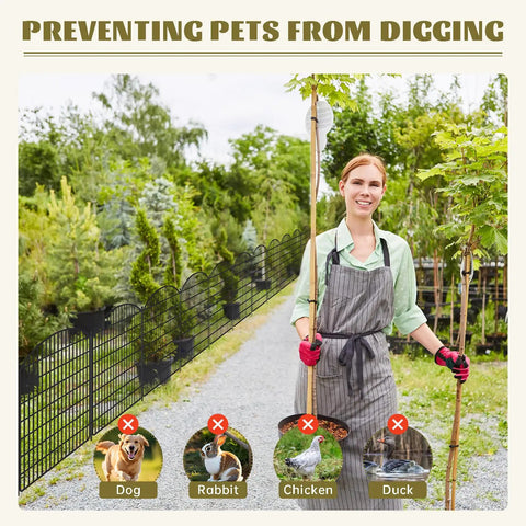 Gardener standing by No Dig 16 Panel Garden Fence With Gate For Outdoor Pets And Kids Rustproof Metal Garden Edging Border
