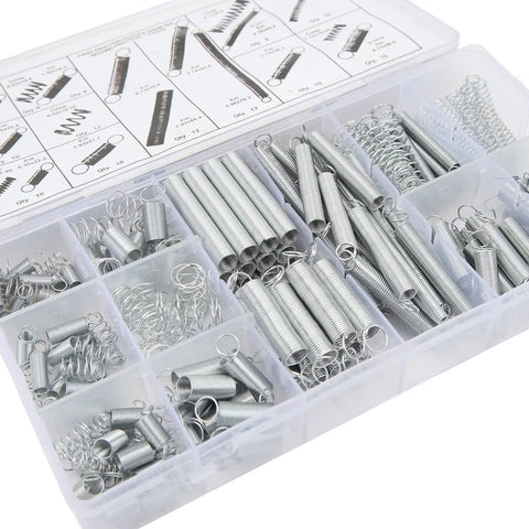 Essential 200 Piece Compression And Extension Spring Assortment Kit For Any Car Repair Or Home DIY Project With Zinc Plated Steel In 8 Sizes laid in storage box