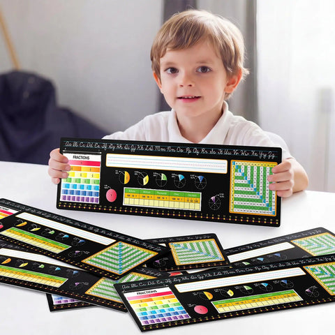 Child holding Huge 48 Pack Chalkboard Style Self Adhesive Desktop Nameplates For Classroom Use with educational charts.