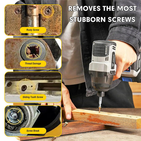 Stripped Screw Extractor Set 4PCS M2 Steel Broken Bolt Remover Easy Out Reverse Drill Bit Tool For Damaged And Rusted Screws Pro Grade Handyman Gear shown in use with a drill.