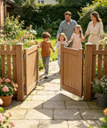 Family joyfully walking through opened wooden gate in a flower garden, symbolizing harmony and welcome.