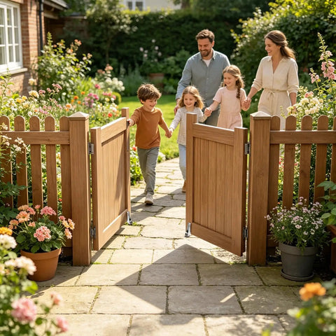 Family joyfully walking through opened wooden gate in a flower garden, symbolizing harmony and welcome.