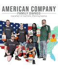 Group of people holding One Gallon Pump Sprayer For Lawn Care And Weeds 52 Inch Hose Dual Nozzles in front of US map and flag.