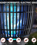 Close-up of 3 In 1 Bug Zapper For Outdoors Solar Powered with 4200V grid, electric blue light, and icons of targeted insects.