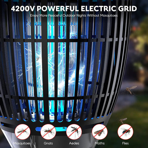 Close-up of 3 In 1 Bug Zapper For Outdoors Solar Powered with 4200V grid, electric blue light, and icons of targeted insects.