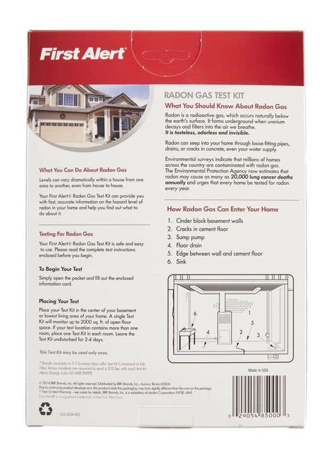 Back of product box showing instructions for Radon Gas Test Kit For Home Safety No Fuss Quick Check EPA Proficiency Program Certified Includes Test Materials And Lab Fees Excludes NJ Results Emailed Within 72 Hours Of Lab Receipt US Only Easy To Use And Safe Way To Check Indoor Radon Levels