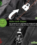Close-up of waterproof egg chair cover for patio with zipper, showing windproof auto-lock zipper design, black material.