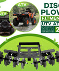54 Inch Disc Plow Harrow For ATV UTV With 2 Inch Receiver shown fitted on ATV and UTV, includes eight notched discs.