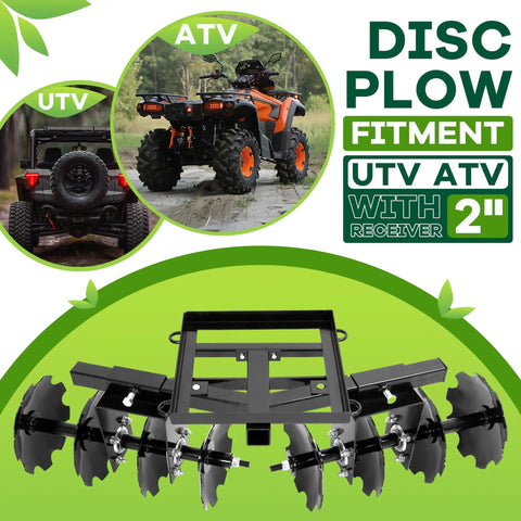 54 Inch Disc Plow Harrow For ATV UTV With 2 Inch Receiver shown fitted on ATV and UTV, includes eight notched discs.