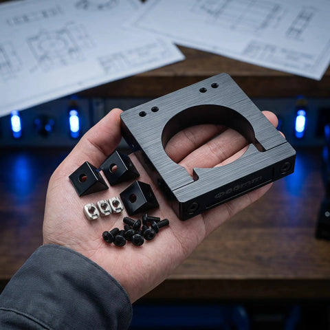 Industrial Grade 65mm Cnc Spindle Stabilizing Clamp Rack in hand with mounting hardware and components for CNC application.