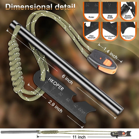 Go-To 6 Inch Ferro Rod Fire Starter Kit For Camping And Hiking With 3/8 Inch Rod Flint And Steel Survival Tool showing dimensions and paracord