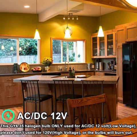 Modern kitchen with pendant lights using GY6.35 50W Dimmable Halogen Bulbs 12V Warm White 2700K lighting above a wooden island.