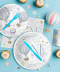 Hot Air Balloon 1st Birthday Party Supplies Set For Boys Mr Onederful Themed Tableware Pack Including Plates Napkins Cups And Cutlery In Blue For 24 Guests Lil Man Approved laid out on a blue surface with cupcakes and confetti.