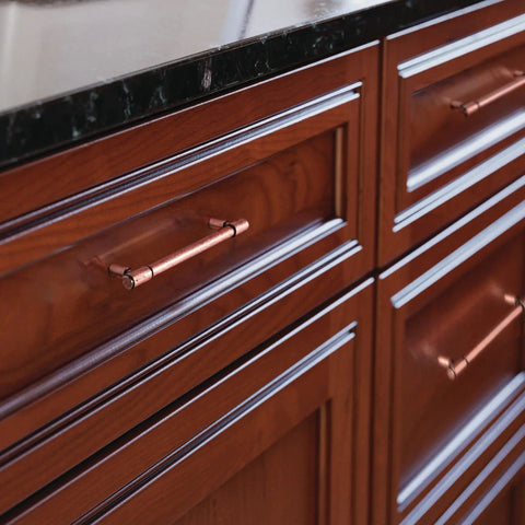 Six Pack 5.04 Inch Center To Center Antique Copper Drawer Pulls Red Bronze Bar Handles on Kitchen Cabinets