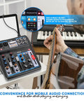 Music setup with 6 Channel Wireless DJ Mixer With Bluetooth Streaming And DSP Effects USB Audio Interface Dual RCA Inputs XLR.