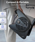 Person holding High Velocity 15 Inch Floor Fan With 375 CFM Air Mover Three Speed Portable Industrial Blower, grey.