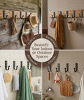 Heavy Duty Kickass Cast Iron Wall Hooks 5 Pack Handmade Blacksmith J Hooks with various hanging items on display.