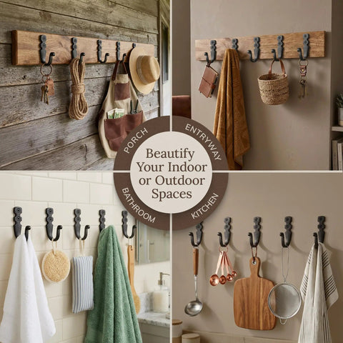 Heavy Duty Kickass Cast Iron Wall Hooks 5 Pack Handmade Blacksmith J Hooks with various hanging items on display.