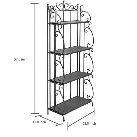 Black Metal Freestanding Storage Rack With Four Wood Shelves And Decorative Scrollwork Displays Plants Photos Or Pantry Items Looks Fresh Builds Tough Hassle Free Assembly Great For Kicking Up Any Apartment Or Home Office