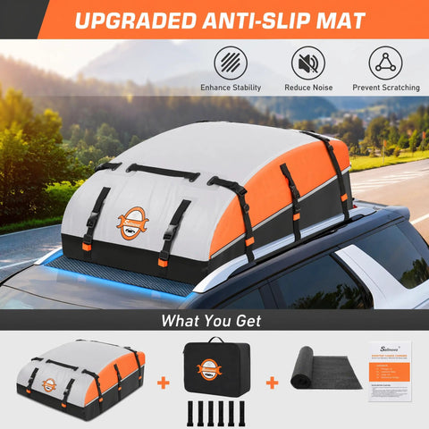 Rooftop Cargo Carrier Bag 21 Cubic 1000D PVC Waterproof Soft Shell on car with anti-slip mat and accessories