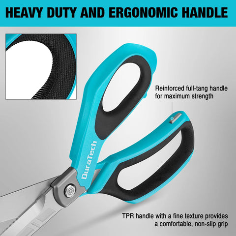 Beefy Heavy Duty All Purpose Scissors For Home, Office And Workshop With 10 Inch Stainless Steel Blades, Ergonomic Non Slip TPR Handle, Long Lasting Sharp Cut Through Cardboard, Fabric, Paper And Tough Materials. Close-up of reinforced TPR handle and blade pivot