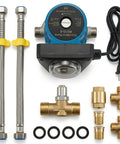 Under Sink Hot Water Recirculating Pump With Timer And 304 Stainless Steel Bypass Valve parts including pump, connectors, and hoses.