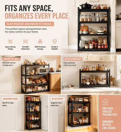 4 Tier Metal Open Kitchen Storage Shelf With Adjustable Pot Rack shown in different kitchen settings for versatile use.