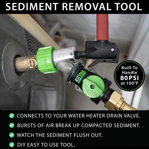 Water Heater Sediment Removal Tool Kit For Electric And Gas Heaters, Easy DIY Flush And Clean, installed on a pipe