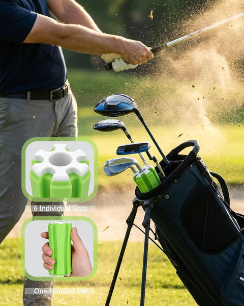 Golfer using club while Golf Bag Organizer And Club Carrier For On The Go Golfers Portable Storage Clip securely holds clubs