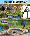 Sun Powered Water Fountain Kit With 2.5W Solar Panel, Four Spray Nozzles, And 9.54 Ft Cable installed in a garden setting