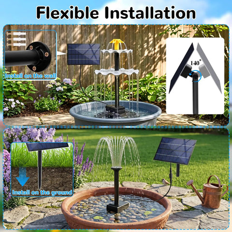 Sun Powered Water Fountain Kit With 2.5W Solar Panel, Four Spray Nozzles, And 9.54 Ft Cable installed in a garden setting