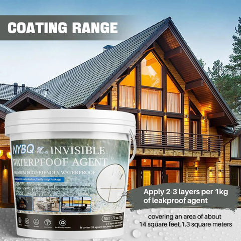 Rock Solid Waterproof Sealant 70 Oz Crystal Clear Leak Stopping Coating Kit shown on home exterior with roof and walls.