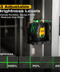 Pro Grade 360 Degree Laser Level With Tripod, self-leveling, showing adjustable brightness settings on construction site