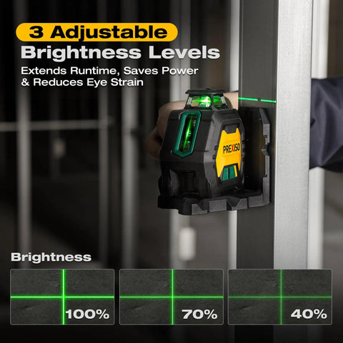 Pro Grade 360 Degree Laser Level With Tripod, self-leveling, showing adjustable brightness settings on construction site