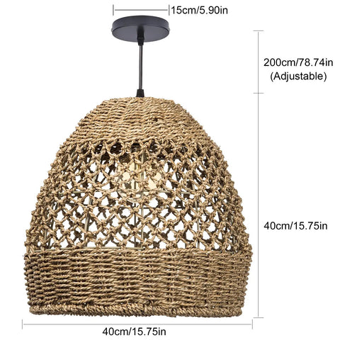 Seagrass Chandelier With Handwoven Rattan Wicker, Rustic Ceiling Hanging Light Fixture, 15.74 Inch Boho Farmhouse Vibe