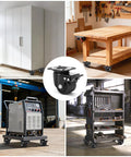 Four 3-inch heavy-duty plate-swivel casters with brakes; nylon wheels shown on a cabinet, workbench, and cart.