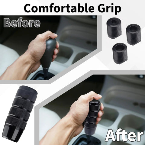 Aluminum Car Shifter Knob With 3 Threaded Adapters M8 M10 M12 1.25 Pitch 3.74 Inch Black Gear Shift Knob in hand before and after installation