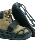 Grippy Ground Walk Covers For Boots Size M Fits 5 To 7 Boot - Durable Pair For Extra Traction And Comfort And Easy All Day Wear On Rough Terrain Ideal For Mud And Snow Outdoors And Gym Training Easy On And Off shown on boots with black rubber grip, highlighting traction treads.