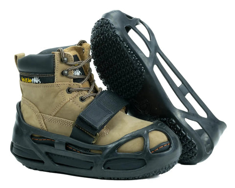 Grippy Ground Walk Covers For Boots Size M Fits 5 To 7 Boot - Durable Pair For Extra Traction And Comfort And Easy All Day Wear On Rough Terrain Ideal For Mud And Snow Outdoors And Gym Training Easy On And Off shown on boots with black rubber grip, highlighting traction treads.