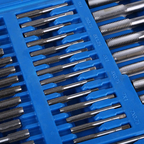 Super Cool Shipenophy 110 Piece Metric Tap And Die Kit With Carbon Steel Tools Covering M2 To Big Sizes Plus Wrench For Serious DIY Repairs, blue case close-up