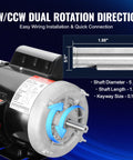 0.75HP Electric Motor With Dual CW CCW Rotation, 1725 RPM, 56 Frame, 5/8 Inch Keyed Shaft, Single Phase 115/230V