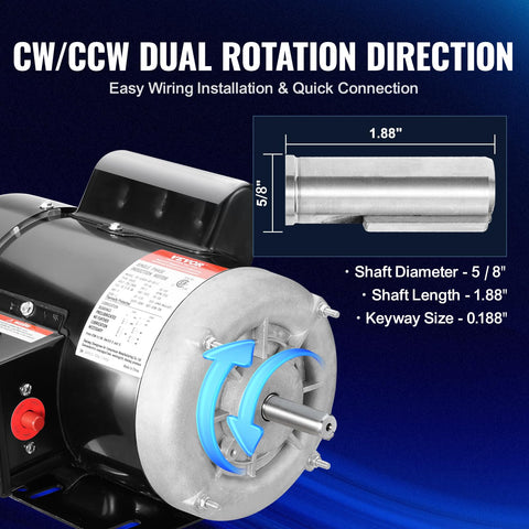 0.75HP Electric Motor With Dual CW CCW Rotation, 1725 RPM, 56 Frame, 5/8 Inch Keyed Shaft, Single Phase 115/230V