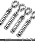 Image of four pack expansion eyebolt anchors for concrete walls, one quarter inch by three and one half inch, with drill bit.