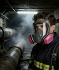 Person wearing an All Day Comfort Full Face Respirator Mask With Reusable Dual Filter System in an industrial setting