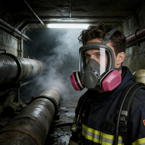 Person wearing an All Day Comfort Full Face Respirator Mask With Reusable Dual Filter System in an industrial setting