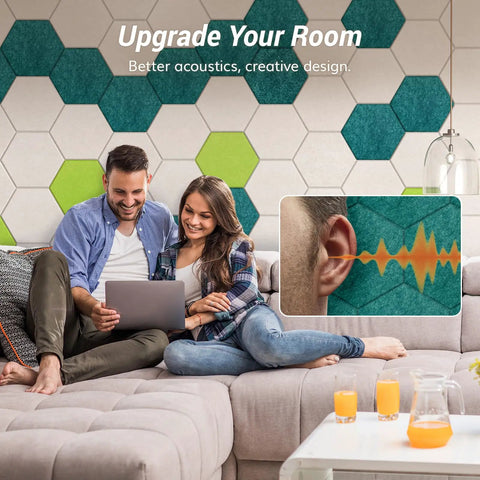 Couple enjoying time on sofa with 12 Pack Turquoise Hexagon Acoustic Panels High Density Foam Wall Tiles for sound dampening.
