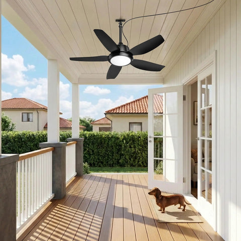 42 Inch Outdoor Ceiling Fan With Lights, IP65 Weatherproof, in black on a porch, dimmable LED, remote controlled.