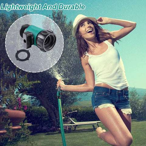 Six Pack Garden Hose Shut Off Valves With Three Quarter Inch Thread Anti Leak Plastic Hose Connectors And Rubber Gaskets Easy Turn Off For Sprinklers Nozzles Spigots And More Green shown near person enjoying garden.